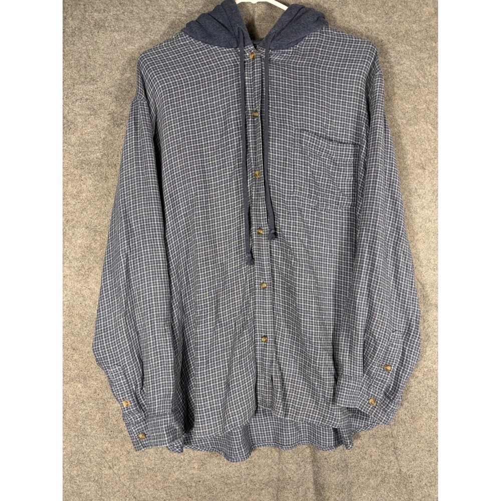 American Eagle Mens XL Blue Plaid Hooded Button Down Shirt Long Sleeve Flannel